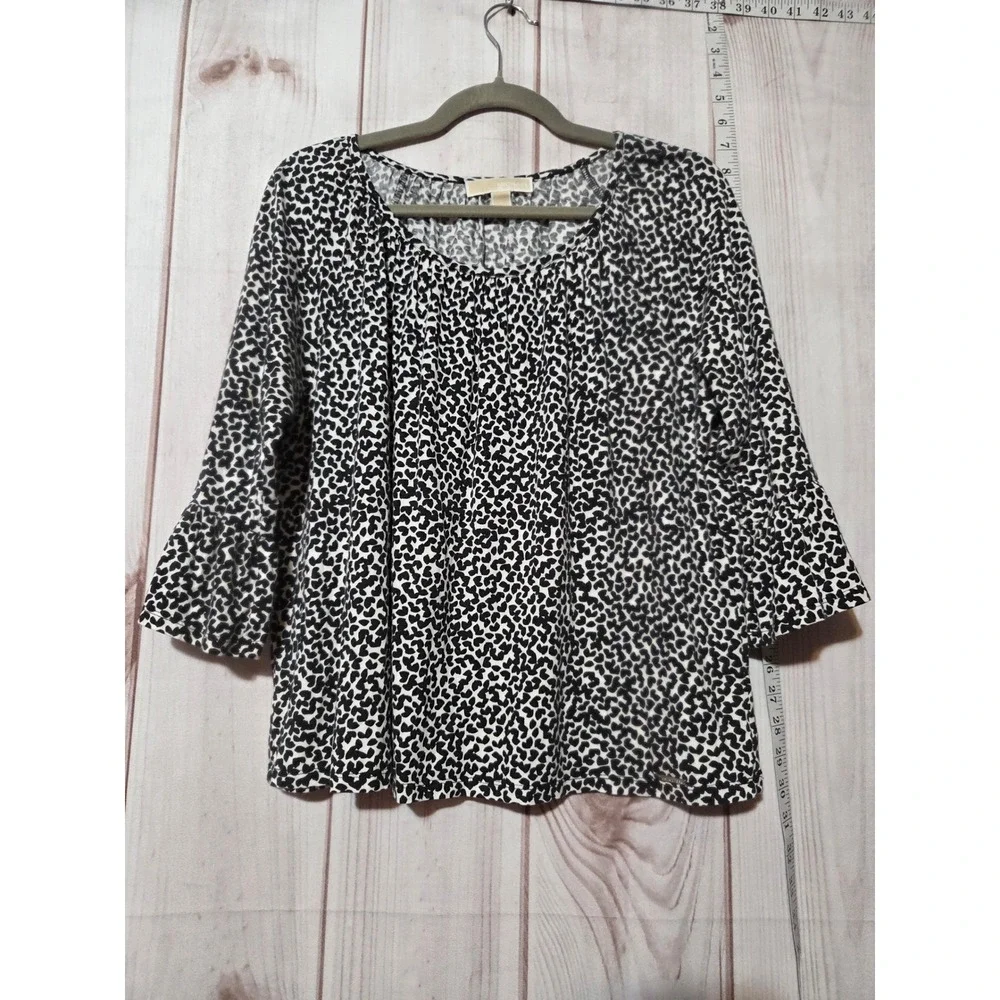 Michael Kors Womens Black White Animal Print Bell Sleeve Top Size L